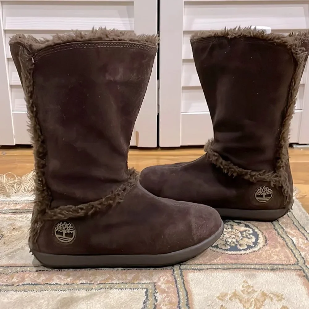 Timberland Mukluk Brown Suede Warm Women’s Sz 5.5M Slip On Faux Fur Winter Boot